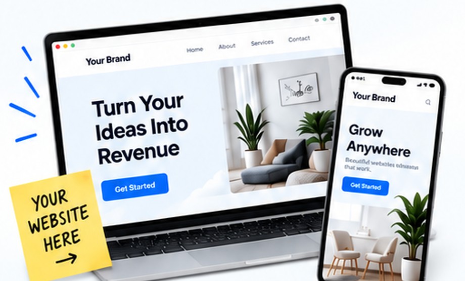 Laptop and phone showing a sample website: Turn Your Ideas Into Revenue, Grow Anywhere