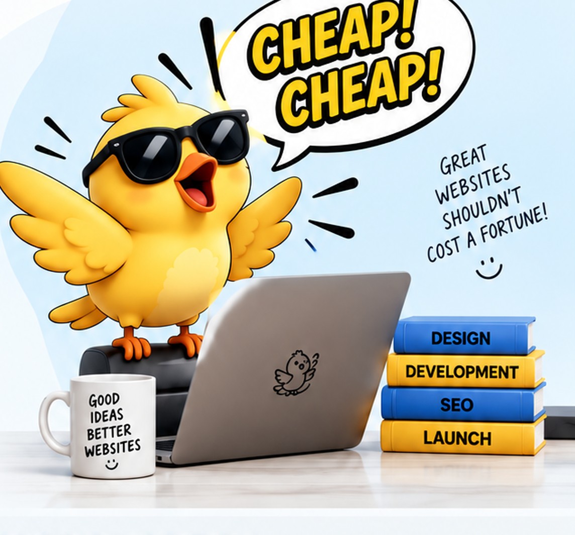 Cheap Cheap Websites chick mascot with a laptop, mug and a stack of design, development, SEO and launch books