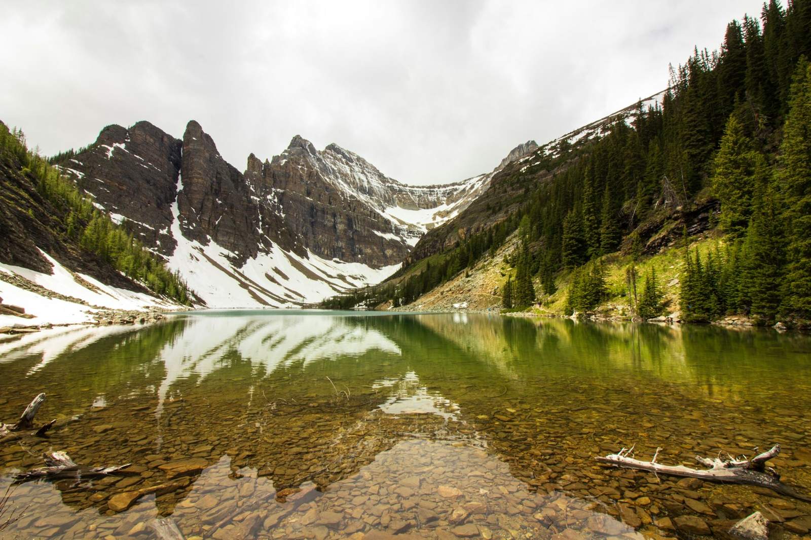 Lake reflecting snowy peaks