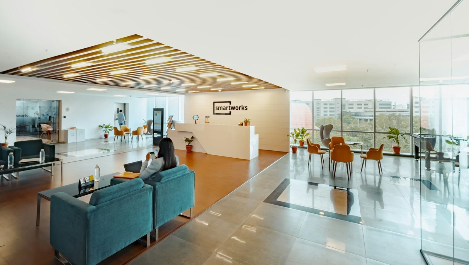 A bright office lobby