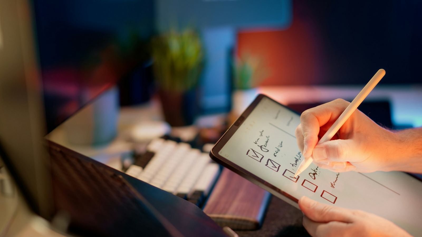 A hand writing a checklist on a tablet