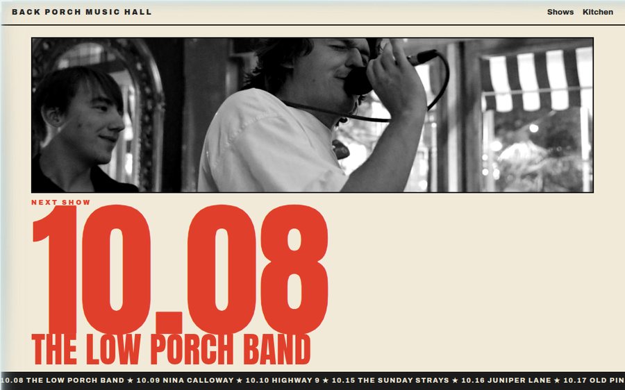 Back Porch Music Hall sample website by Cheap Cheap Websites