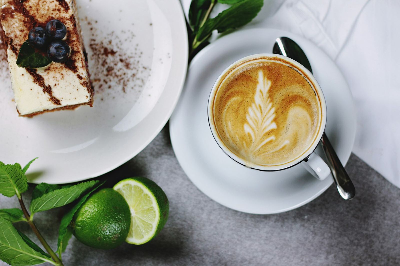 Latte and cake on a table