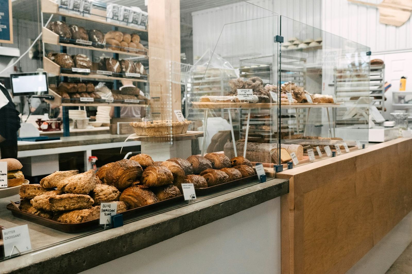 Bakery counter with loaves and shelves