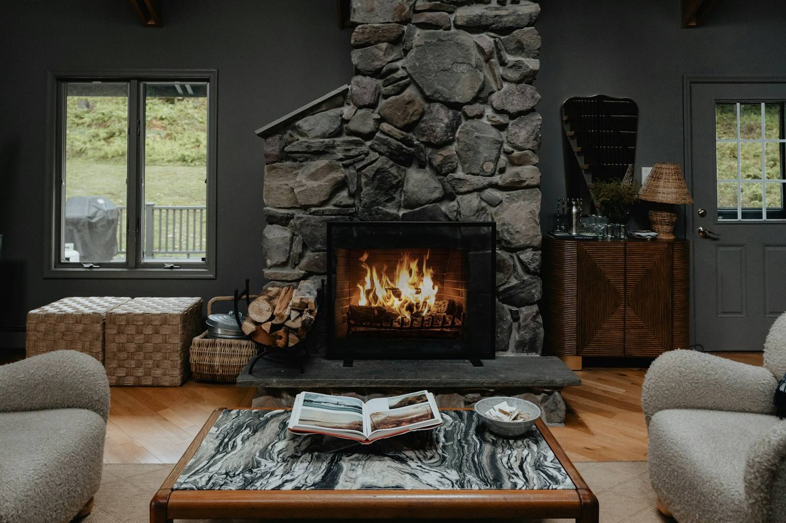 Stone fireplace in living room