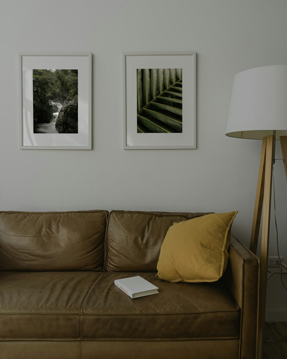 Brown throw pillow on white couch