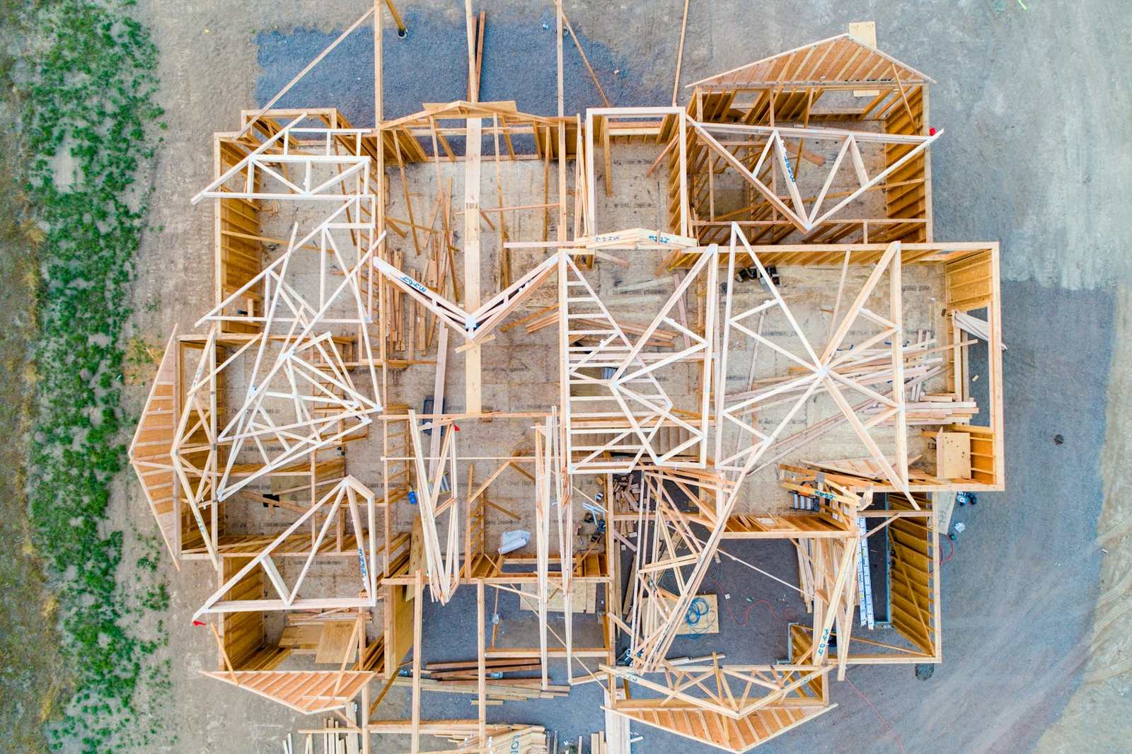 Aerial view of a framed house