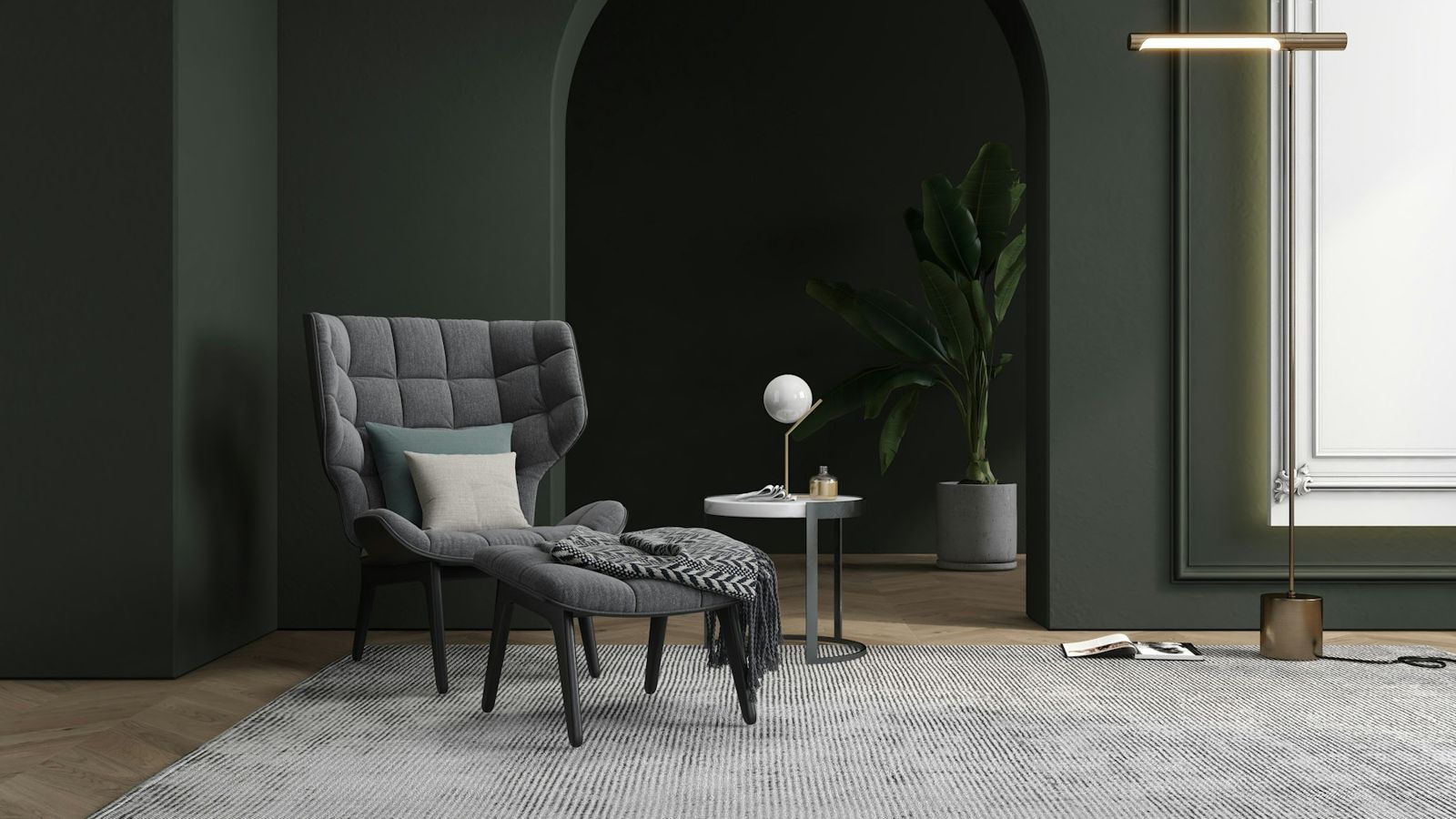 Deep green reading room with armchair