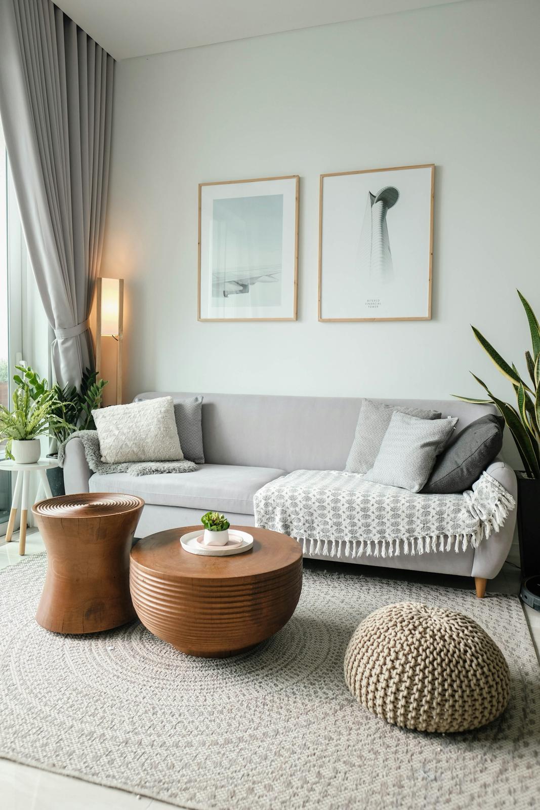 Calm living room with sculptural side tables