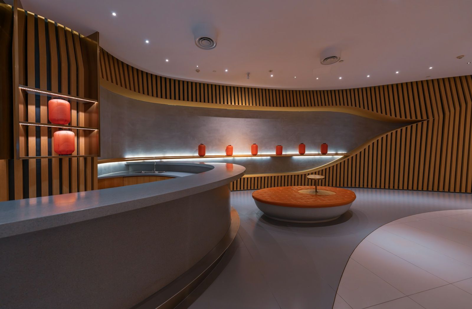Curved wood lounge interior