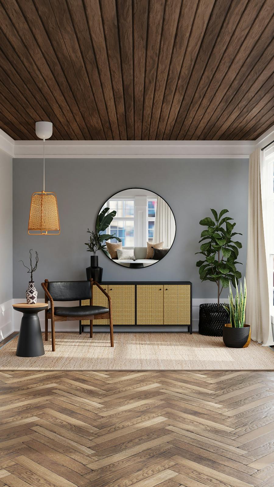 Entry with round mirror and rattan sideboard