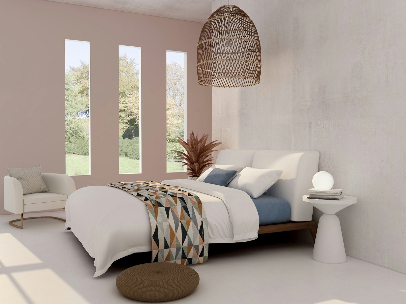 Soft blush bedroom with woven pendant