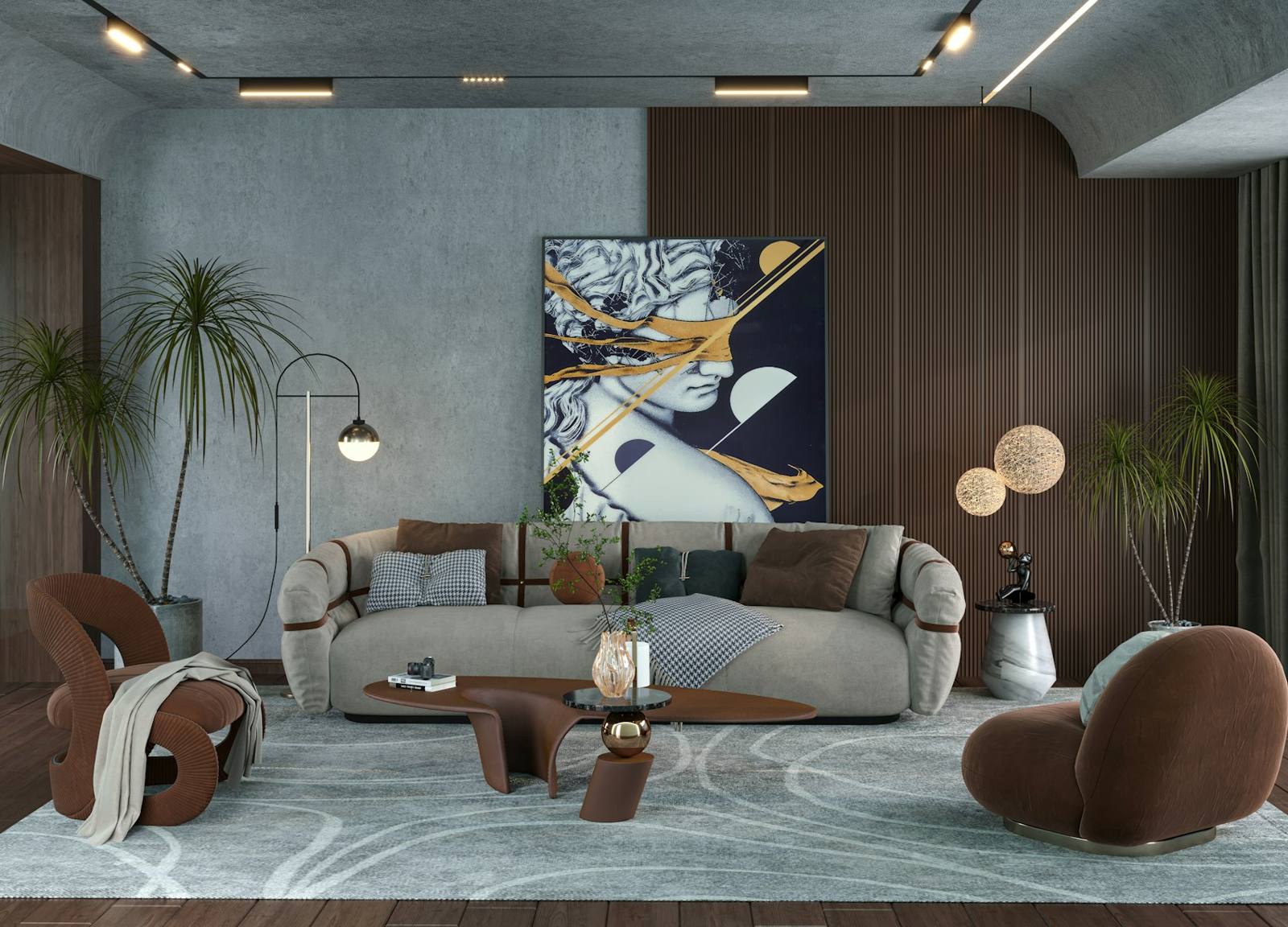 Living room with sculptural seating and dark wood paneling