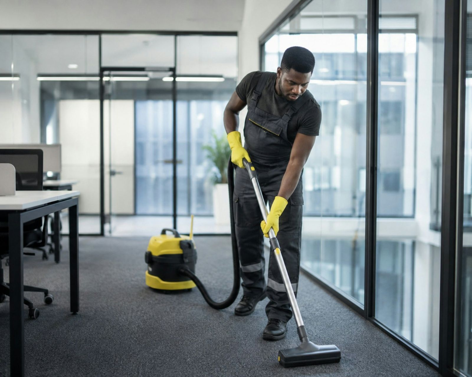 Crew member cleaning an office