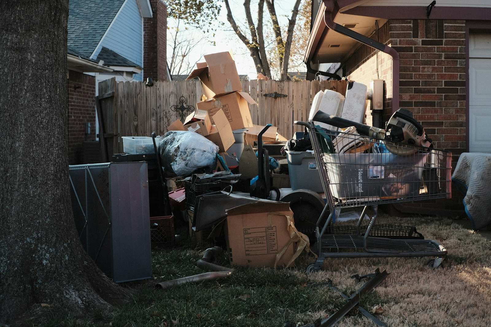 Pile of household items outside a home
