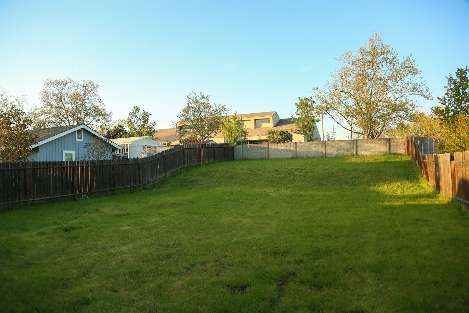 Wide backyard lawn enclosed by a new wood fence