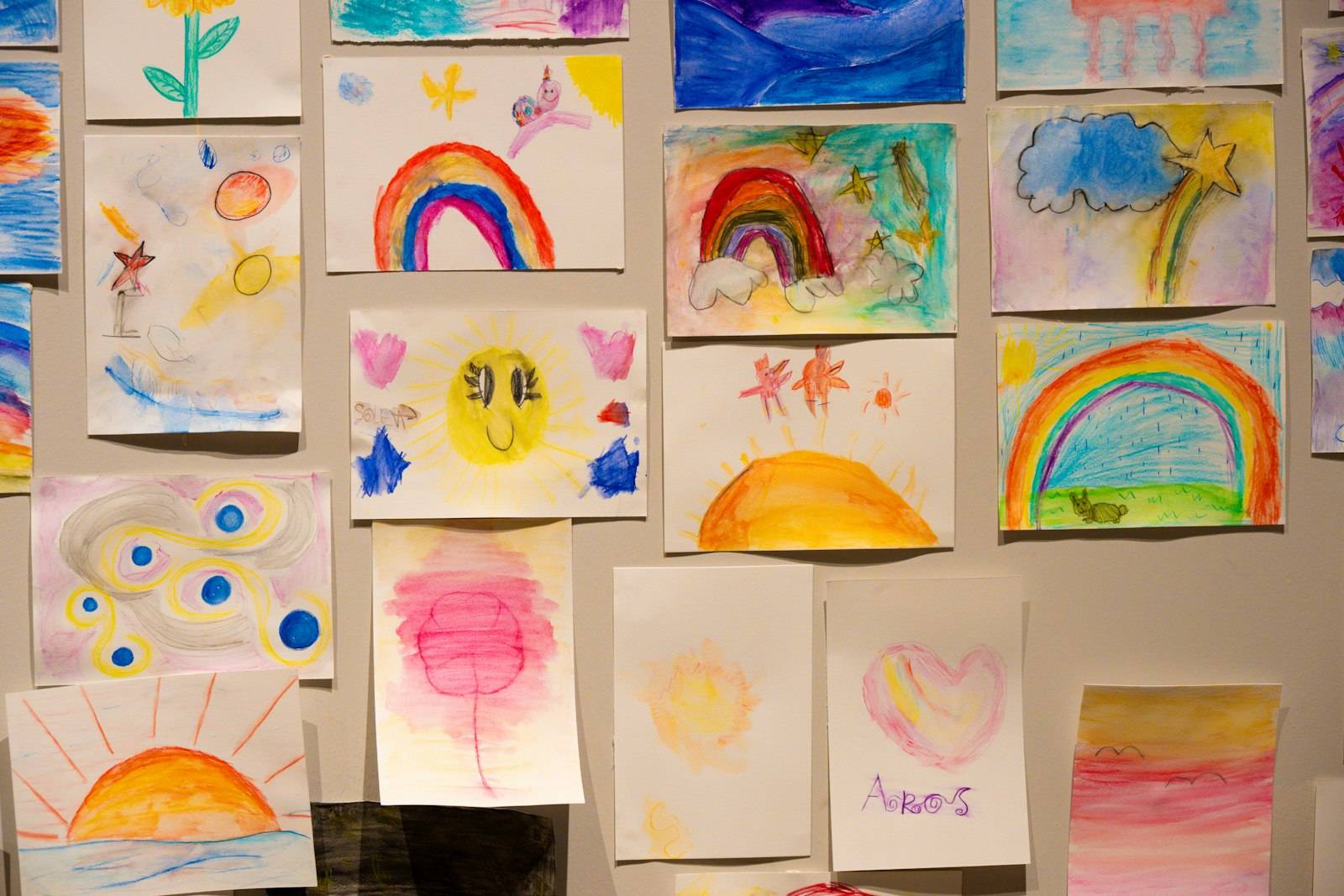 Wall of children's paintings