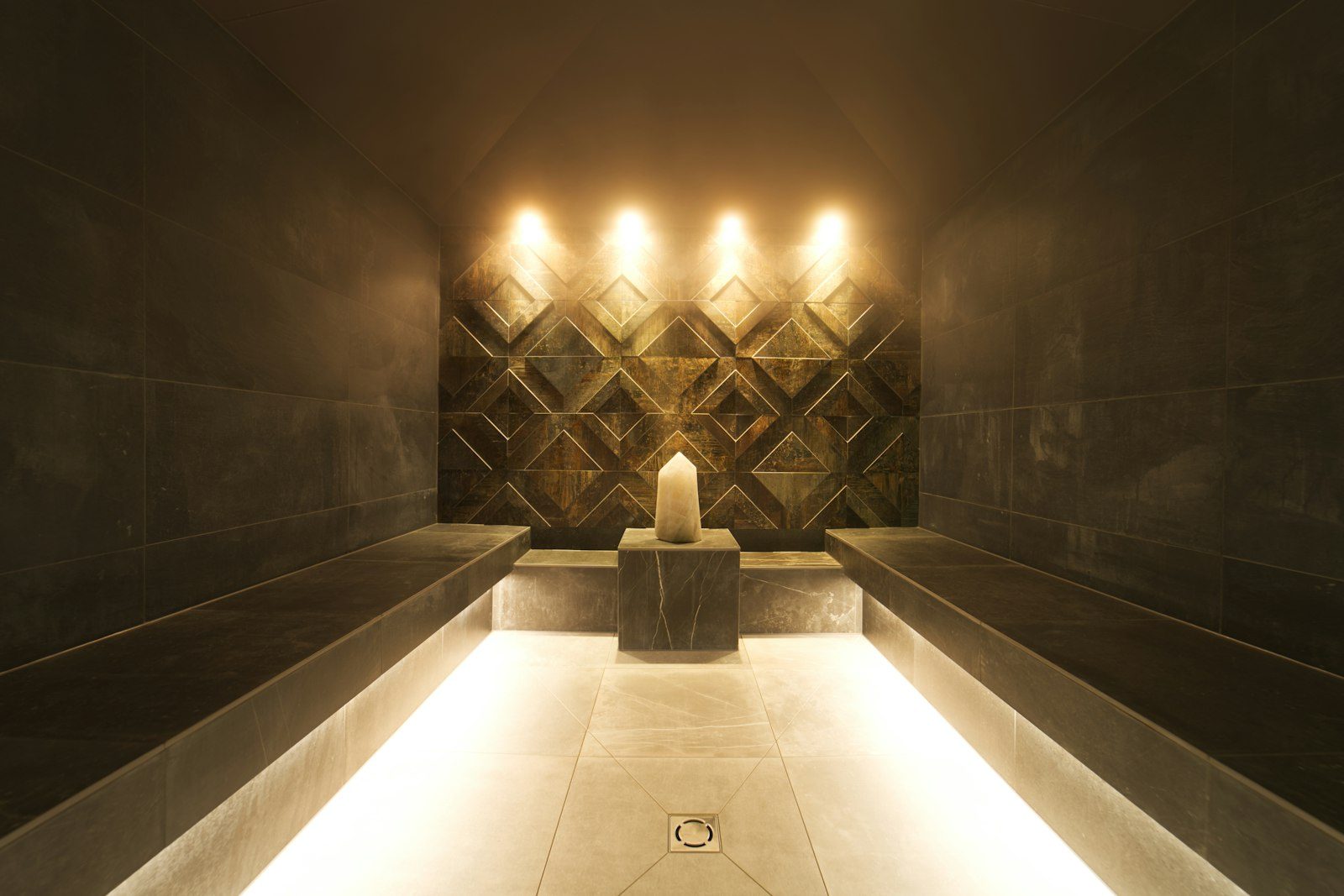 Softly lit spa corridor
