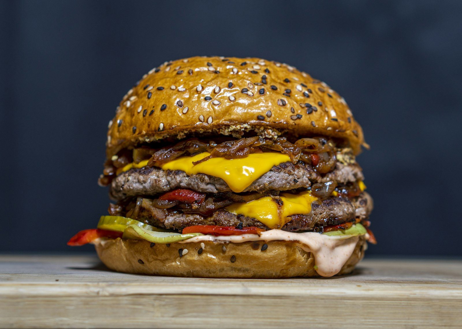 Smashed patties stacked with melted cheese