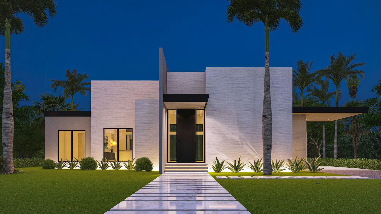 Modern home lit at night