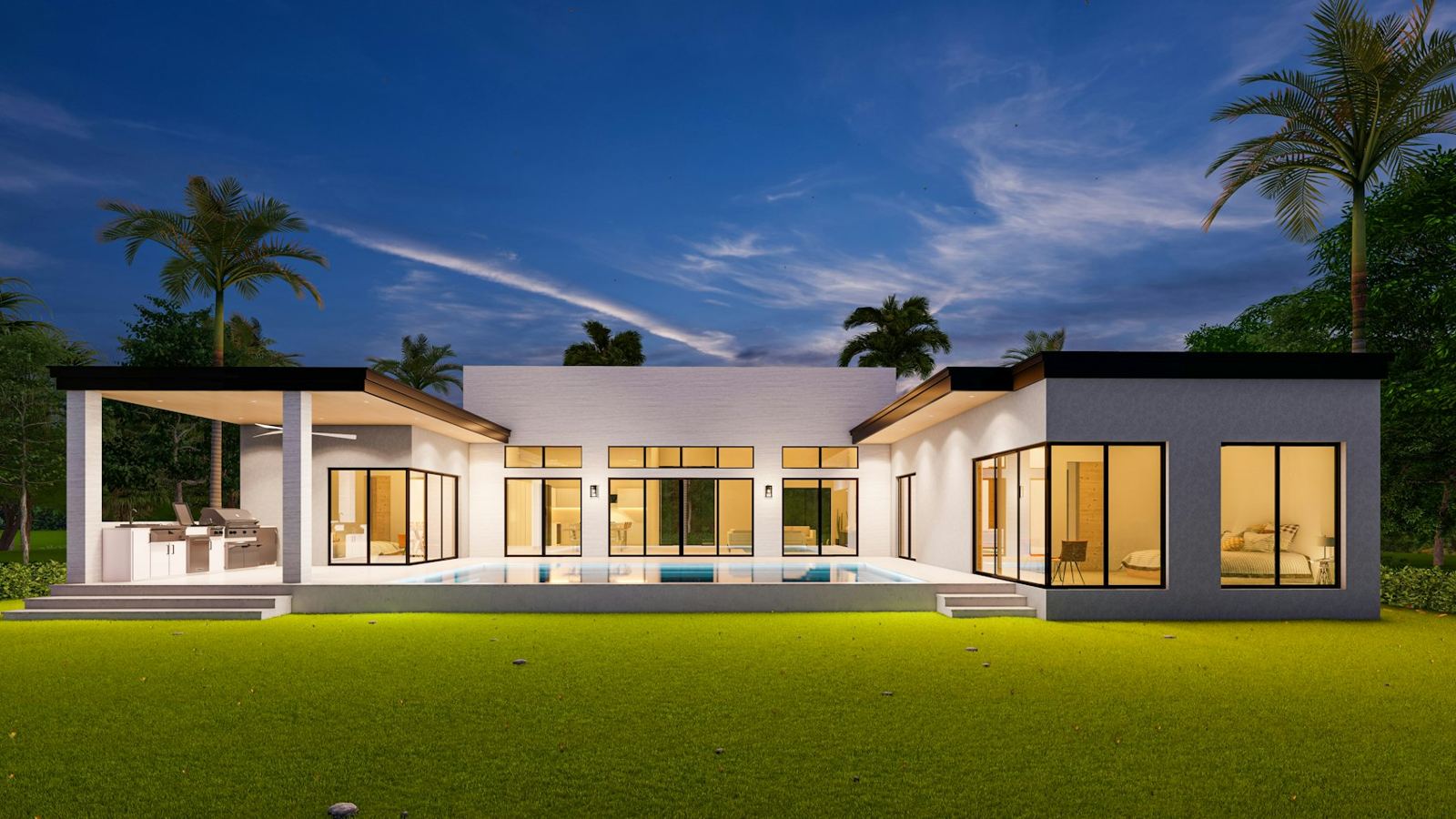 Modern home with pool at night