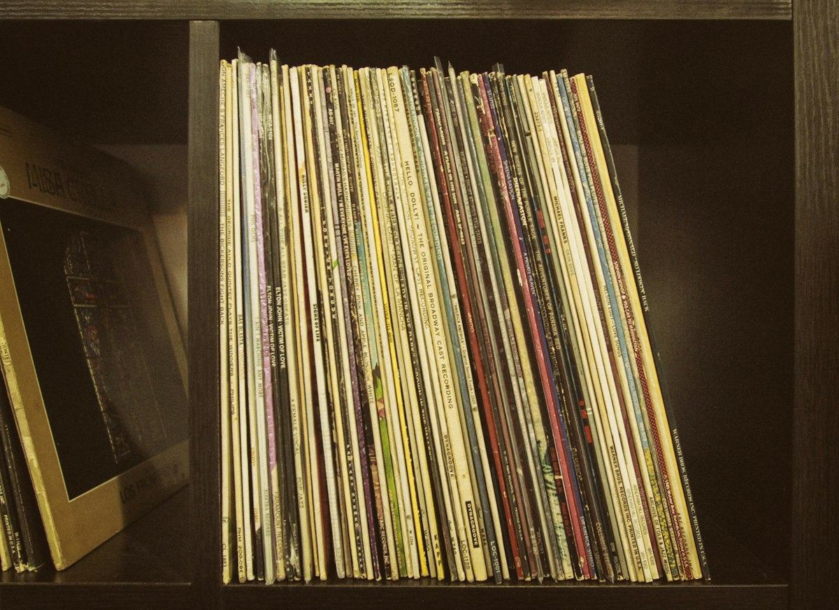 Brown and white books on brown wooden shelf