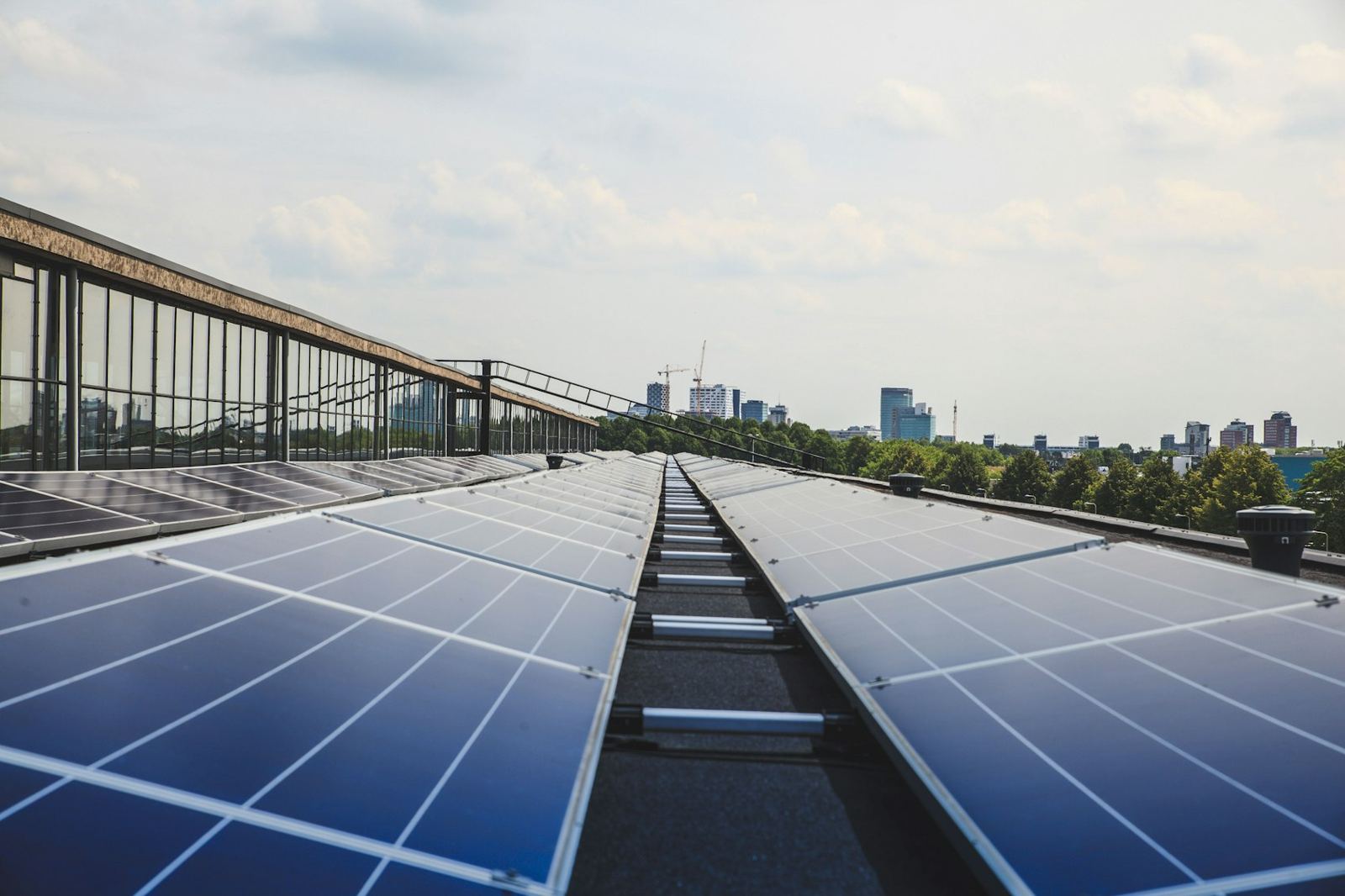 Rows of panels on a flat commercial roof