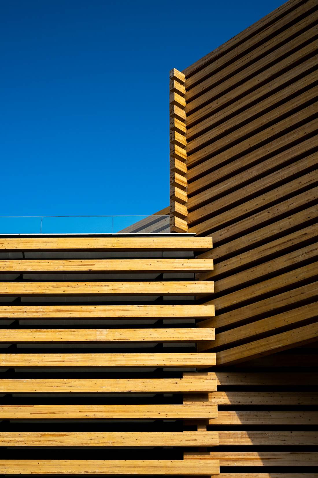 Timber slat facade against blue sky