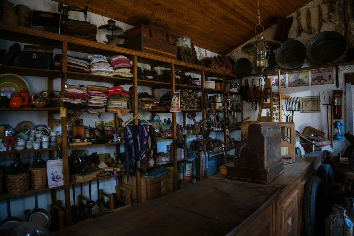 Interior of an old general store with many shelves