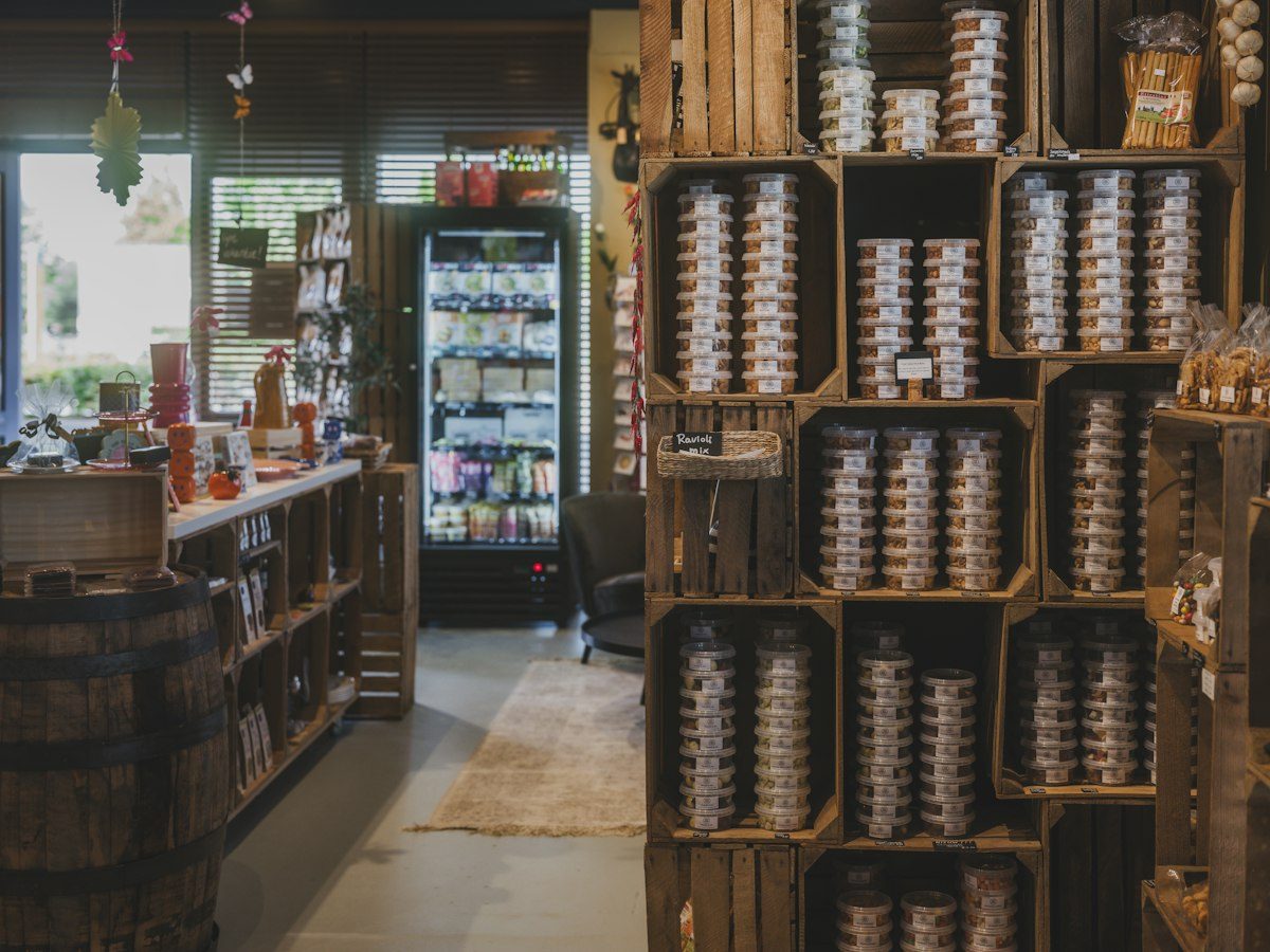 A grocery store interior with jars and shelves